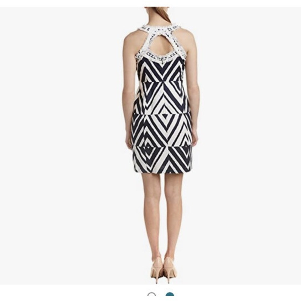 NEW Taylor Navy Blue White V-Neck Fringe Cutout Dress 8736M 4